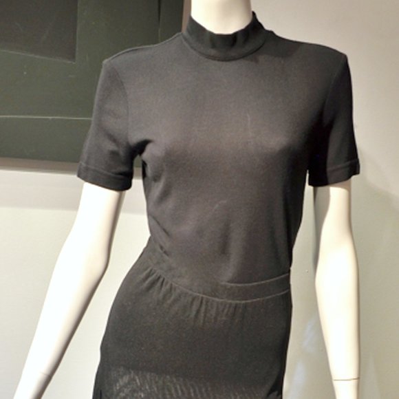 Black Rayon Knit Mock Neck w S/S Zip Back Neck Tee - Picture 2 of 5